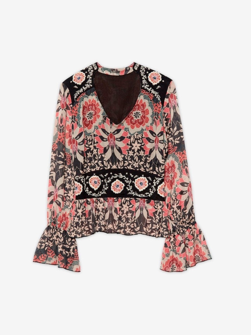 NKN Nekane Barcelona Andini Printed V-Neck Peplum Blouse Black & Blush Floral Sm - Picture 2 of 14
